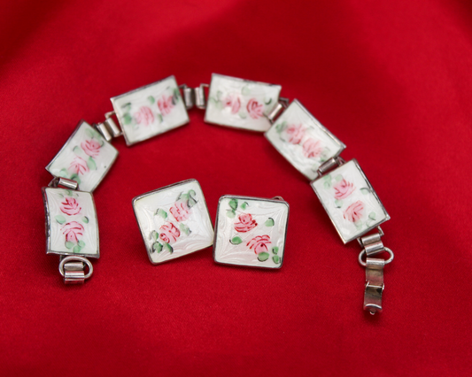 1930s Sterling Silver Guilloché Enamel Rose Bracelet & Earrings Set