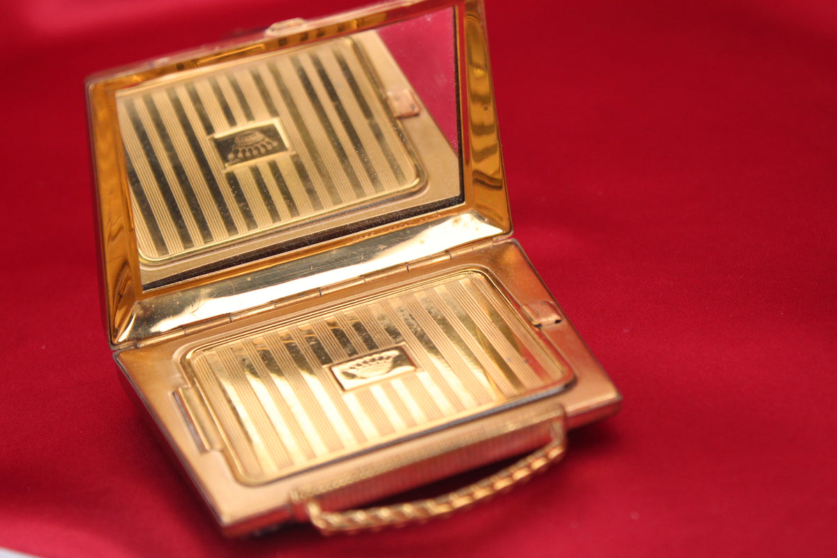 Chic 1950s 1950s Brown Leather Handbag Powder Compact