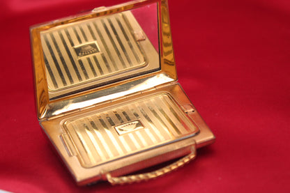 Chic 1950s 1950s Brown Leather Handbag Powder Compact