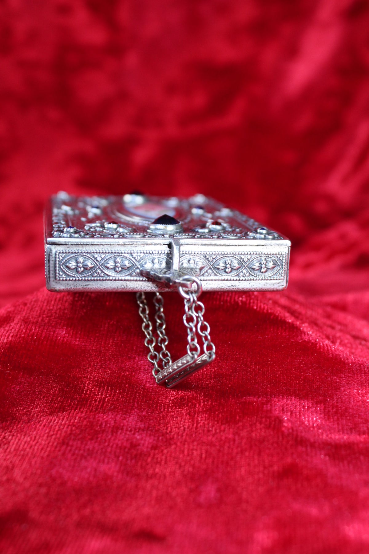 Antique French sterling silver compact with guilloché enamel and jeweled accents, circa 1920s-1930s.
