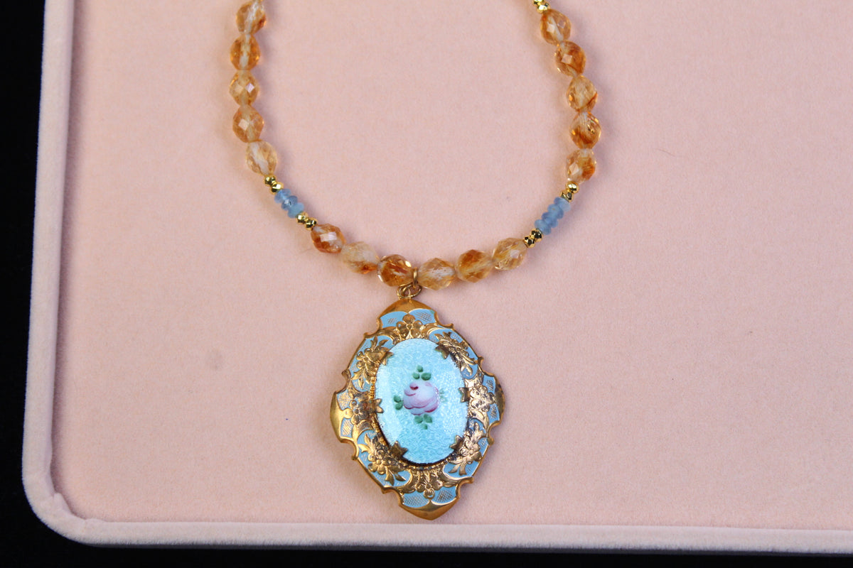 1930s Guilloché Floral Locket Necklace | Handcrafted Citrine & Santa Maria Aquamarine Crystal Beads | 18”