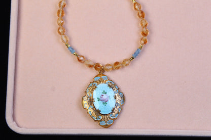 1930s Guilloché Floral Locket Necklace | Handcrafted Citrine & Santa Maria Aquamarine Crystal Beads | 18”