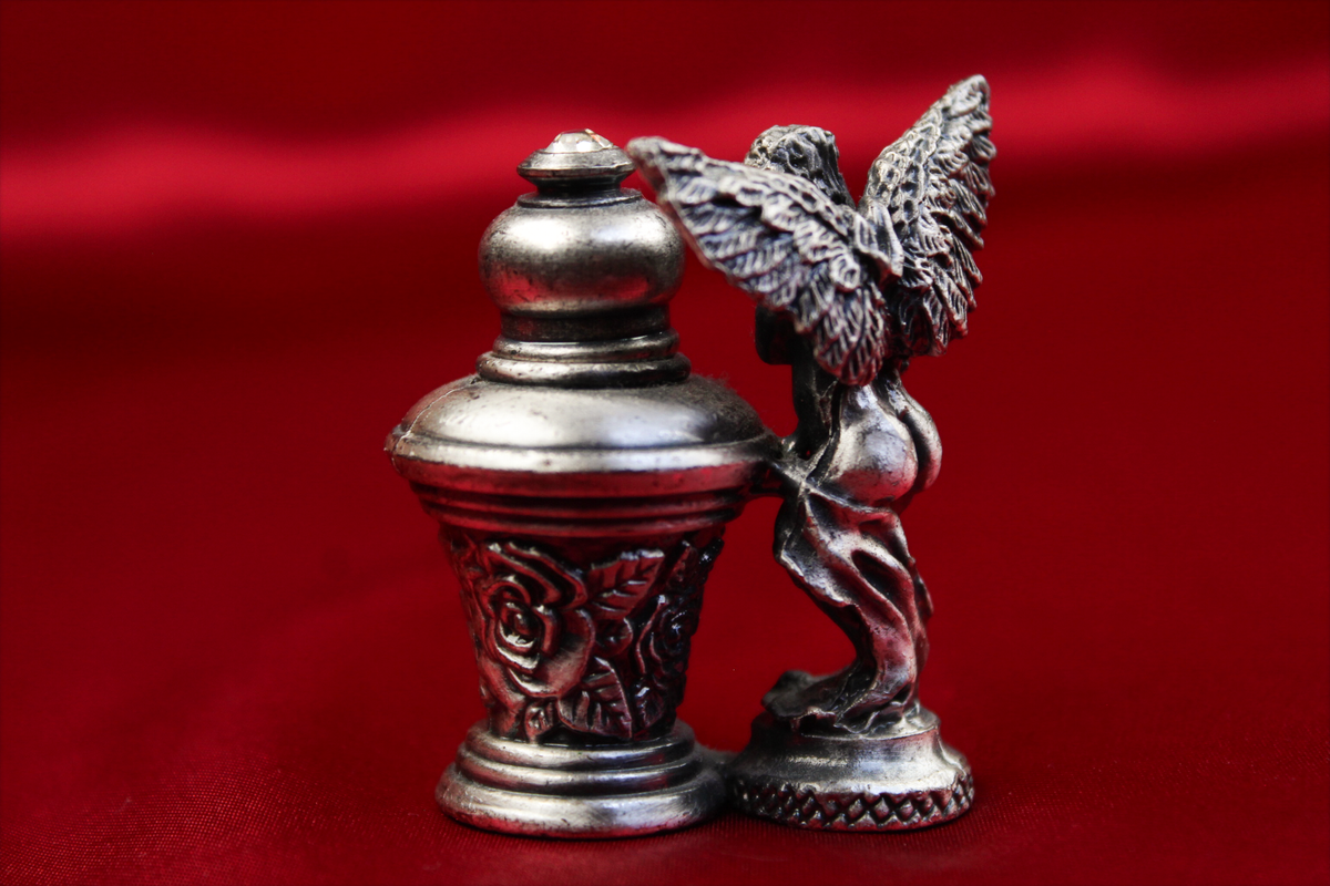 Vintage Silver-Tone Pewter Cherub Angel Perfume Bottle with Rhinestone Dauber