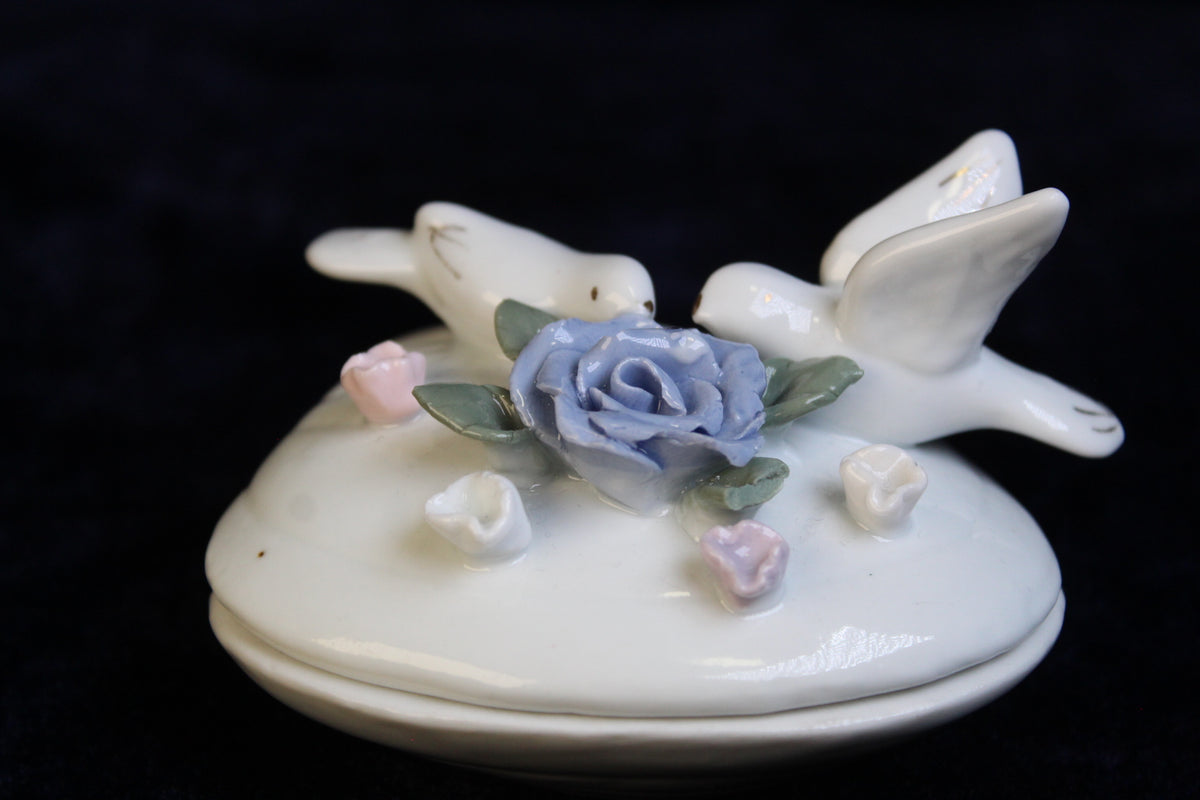 Vintage Porcelain Dove Trinket Box | Hand-Painted Floral Jewelry Box