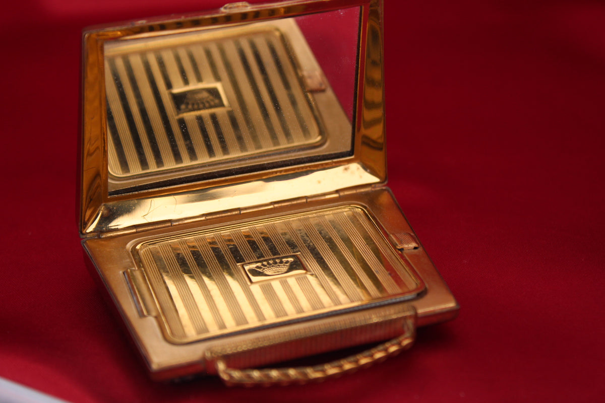 Chic 1950s 1950s Brown Leather Handbag Powder Compact