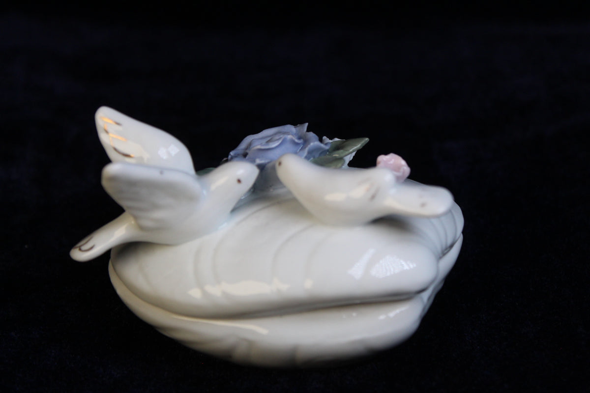 Vintage Porcelain Dove Trinket Box | Hand-Painted Floral Jewelry Box