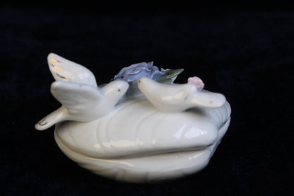 Vintage Porcelain Dove Trinket Box | Hand-Painted Floral Jewelry Box