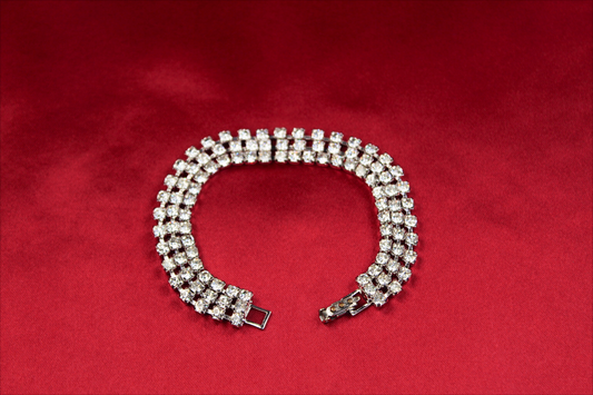 Vintage 1940s–1950s Rhodium-Plated Three-Row Rhinestone Bracelet – 7”