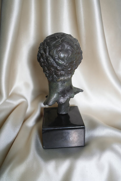Jaestial Vintage Roman Bust Sculpture with dark patina on a black square base.