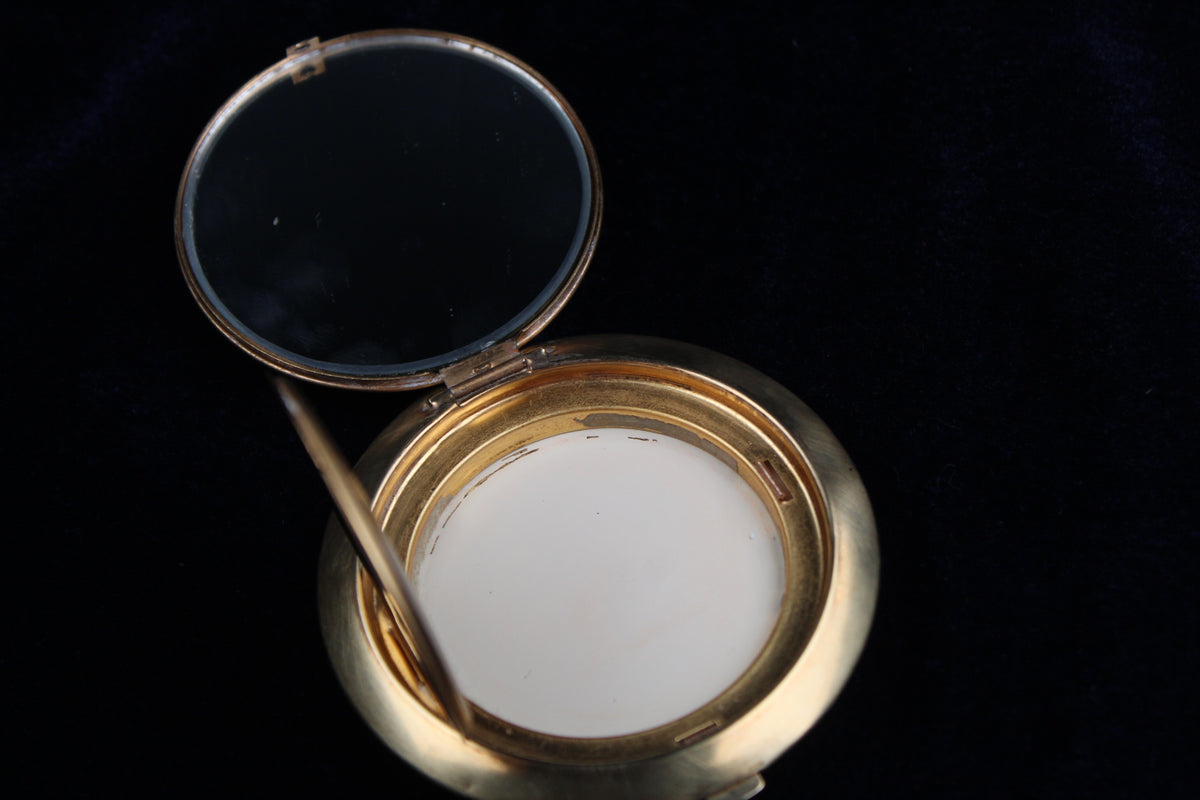 1950s Atomette Bejeweled Owl Gold-Tone Powder Compact with Mirror