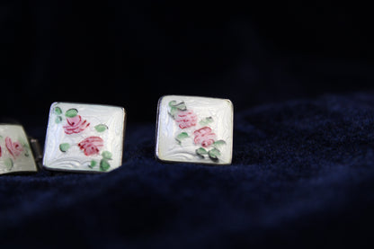 Sterling silver square earrings with white guilloché enamel and hand-painted pink roses.