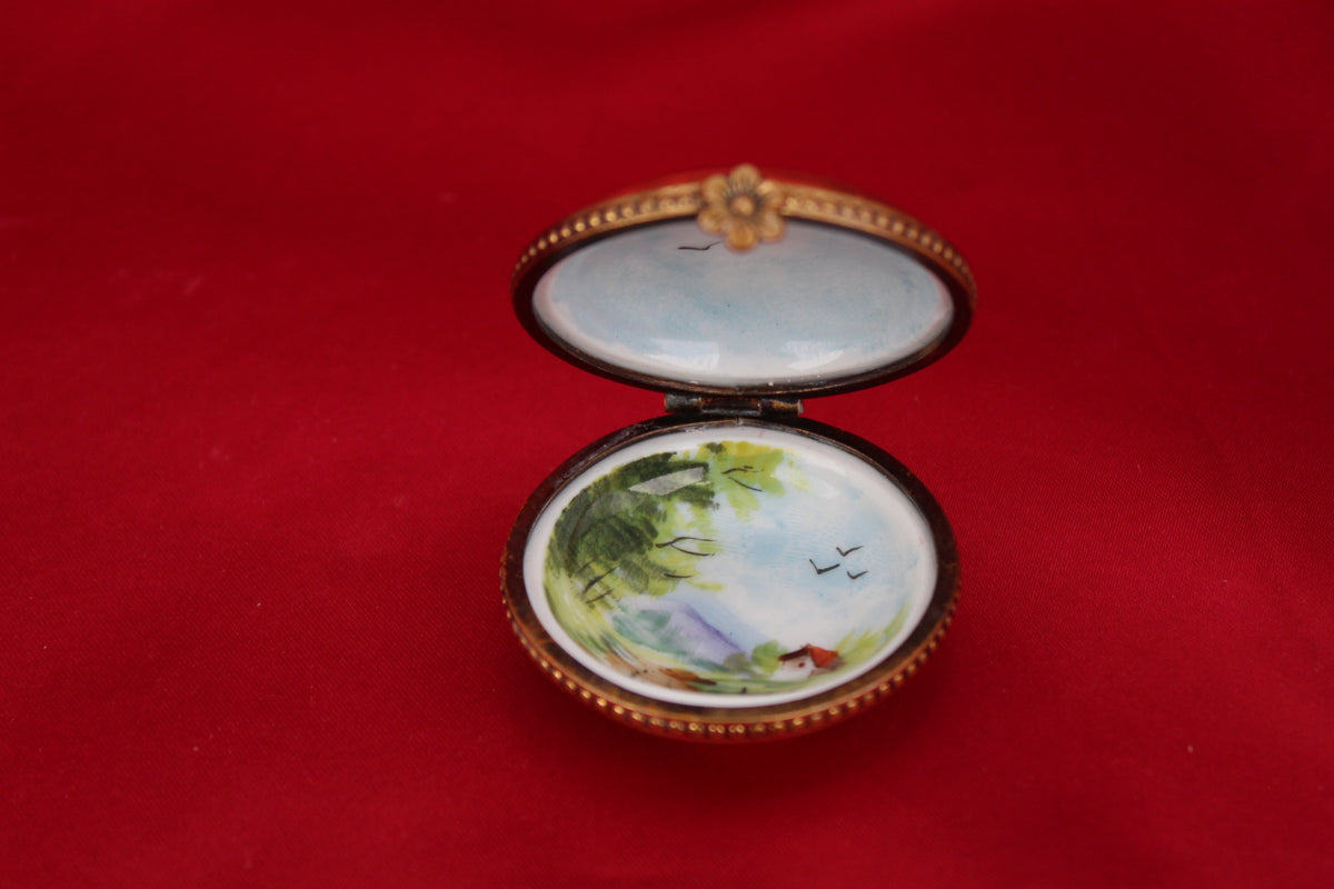Hand-Painted French Porcelain Trinket Box | Countryside Scene