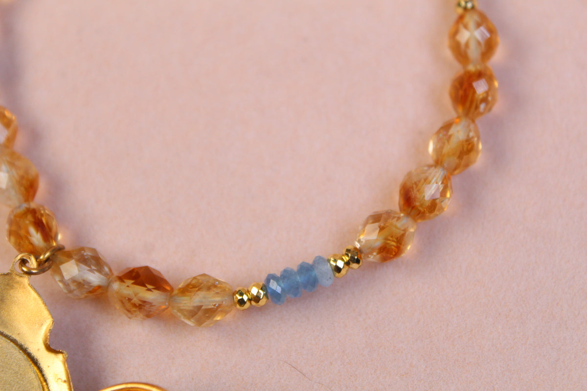 1930s Guilloché Floral Locket Necklace | Handcrafted Citrine & Santa Maria Aquamarine Crystal Beads | 18”