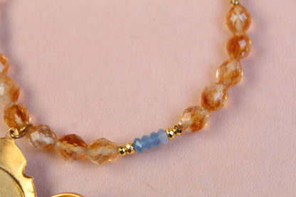 1930s Guilloché Floral Locket Necklace | Handcrafted Citrine & Santa Maria Aquamarine Crystal Beads | 18”