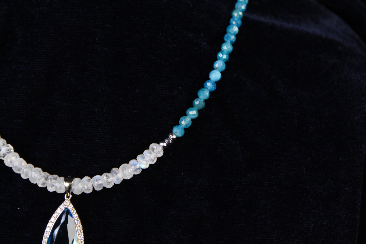 Sterling silver necklace with blue apatite beads and a rainbow moonstone pendant.