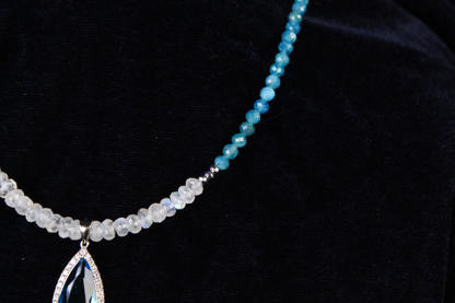 Sterling silver necklace with blue apatite beads and a rainbow moonstone pendant.