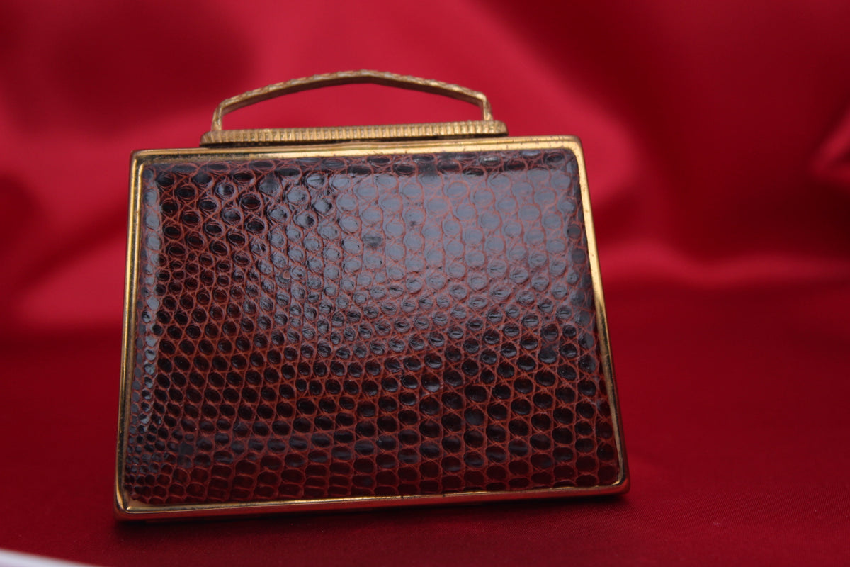 Chic 1950s 1950s Brown Leather Handbag Powder Compact