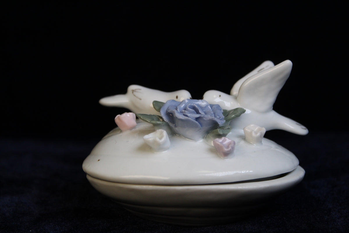 Vintage Porcelain Dove Trinket Box | Hand-Painted Floral Jewelry Box