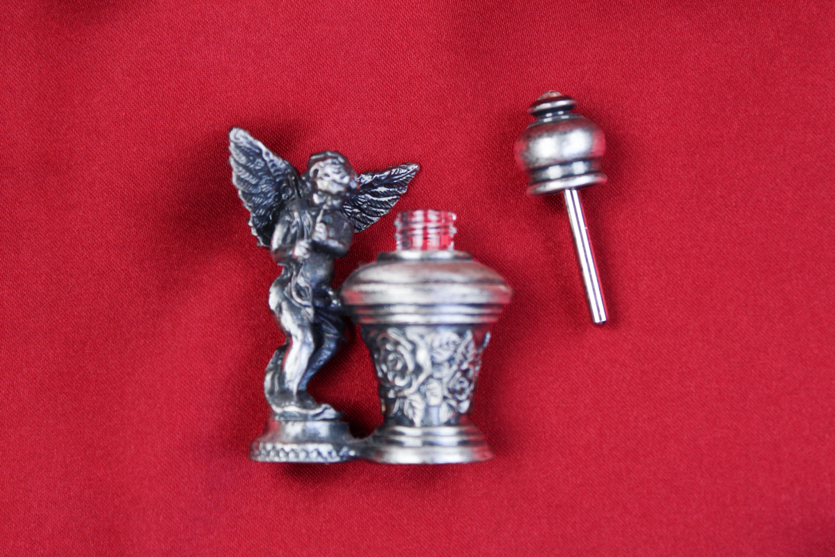Vintage Silver-Tone Pewter Cherub Angel Perfume Bottle with Rhinestone Dauber