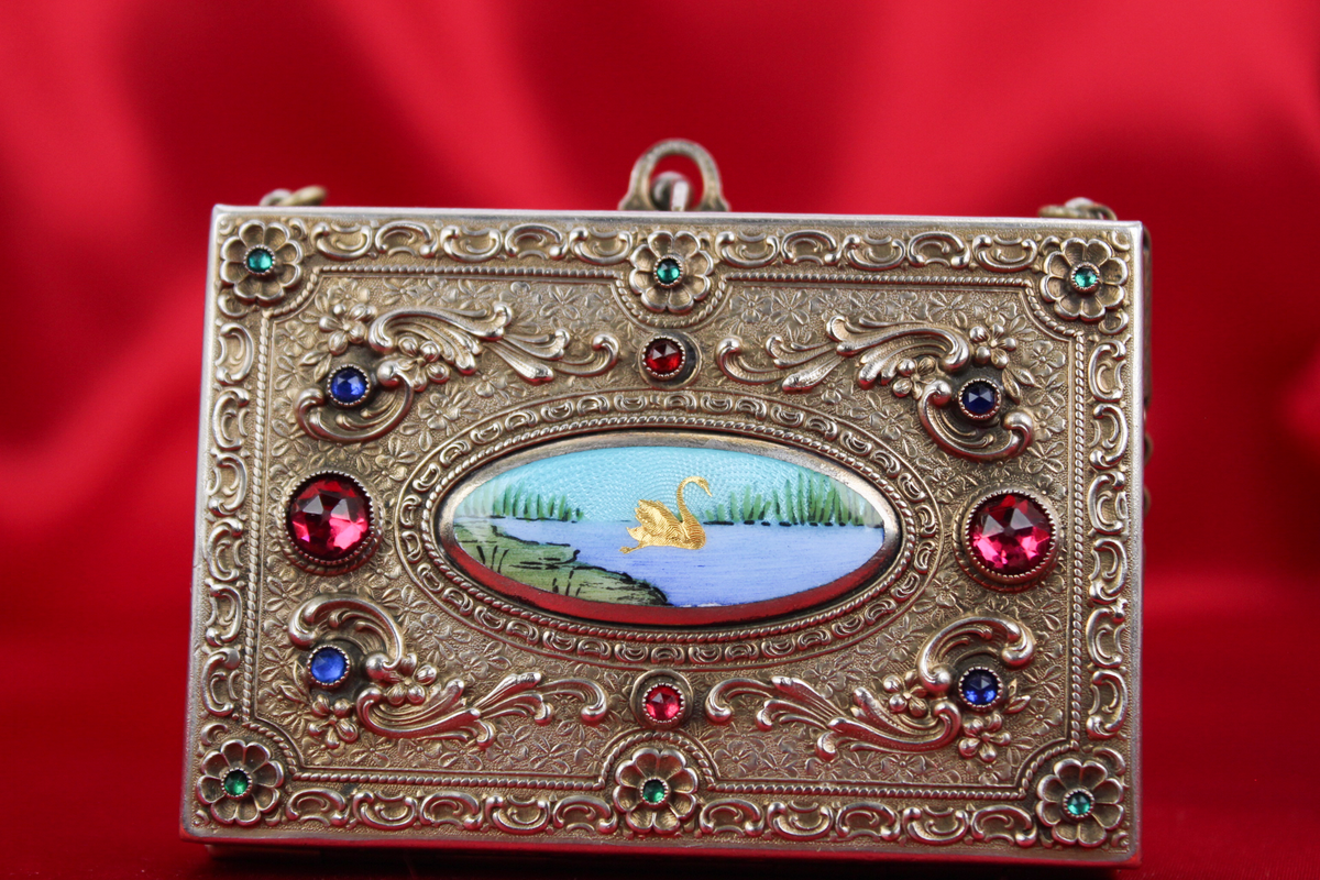 Antique French Guilloché Swan Vanity Case | Jeweled Silver & Brass c.1920s