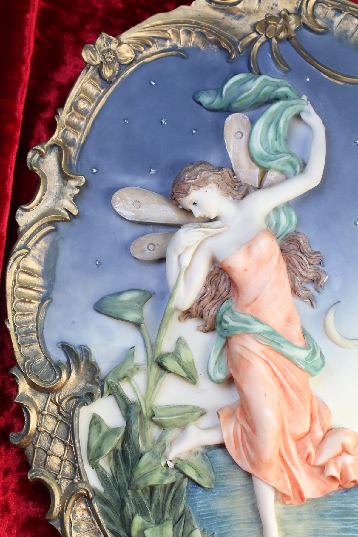 Jaestial Vintage Night Fairy Wall Plaque with ornate gold frame, featuring a fairy, moon, and stars.