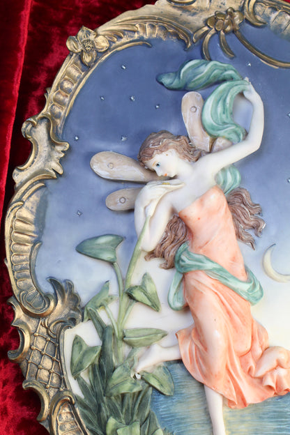 Jaestial Vintage Night Fairy Wall Plaque with ornate gold frame, featuring a fairy, moon, and stars.