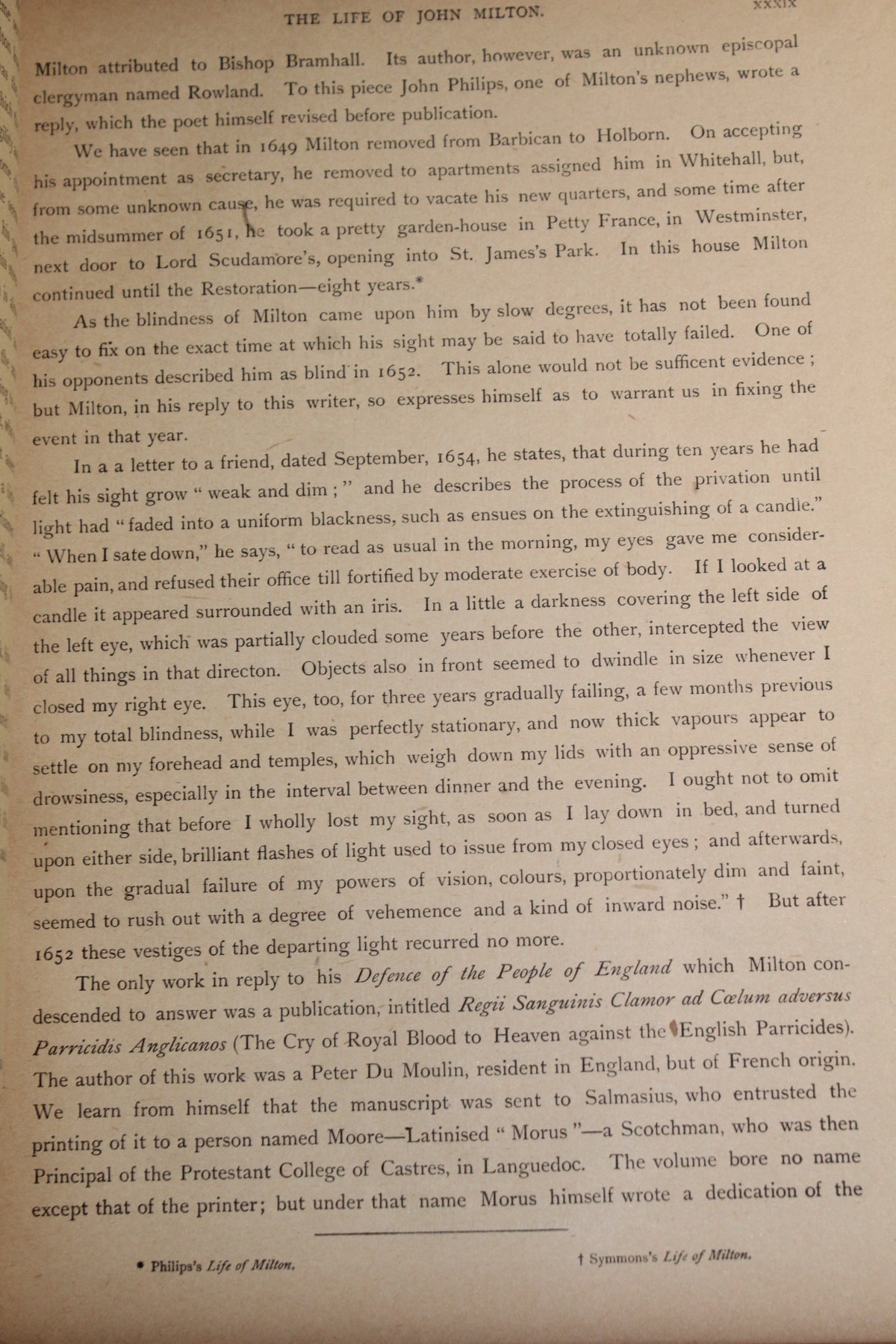 Page from an 1889 edition of John Milton's 'The Life of John Milton' with text and footnotes.