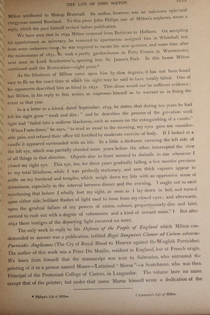 Page from an 1889 edition of John Milton's 'The Life of John Milton' with text and footnotes.
