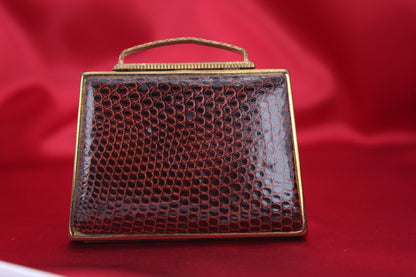 Chic 1950s 1950s Brown Leather Handbag Powder Compact