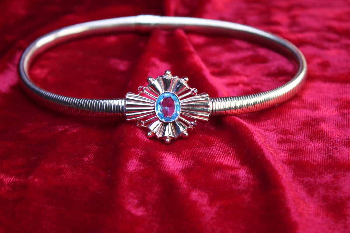 10K rose gold filled snake chain choker with Art Deco blue glass centerpiece and ruby accents.