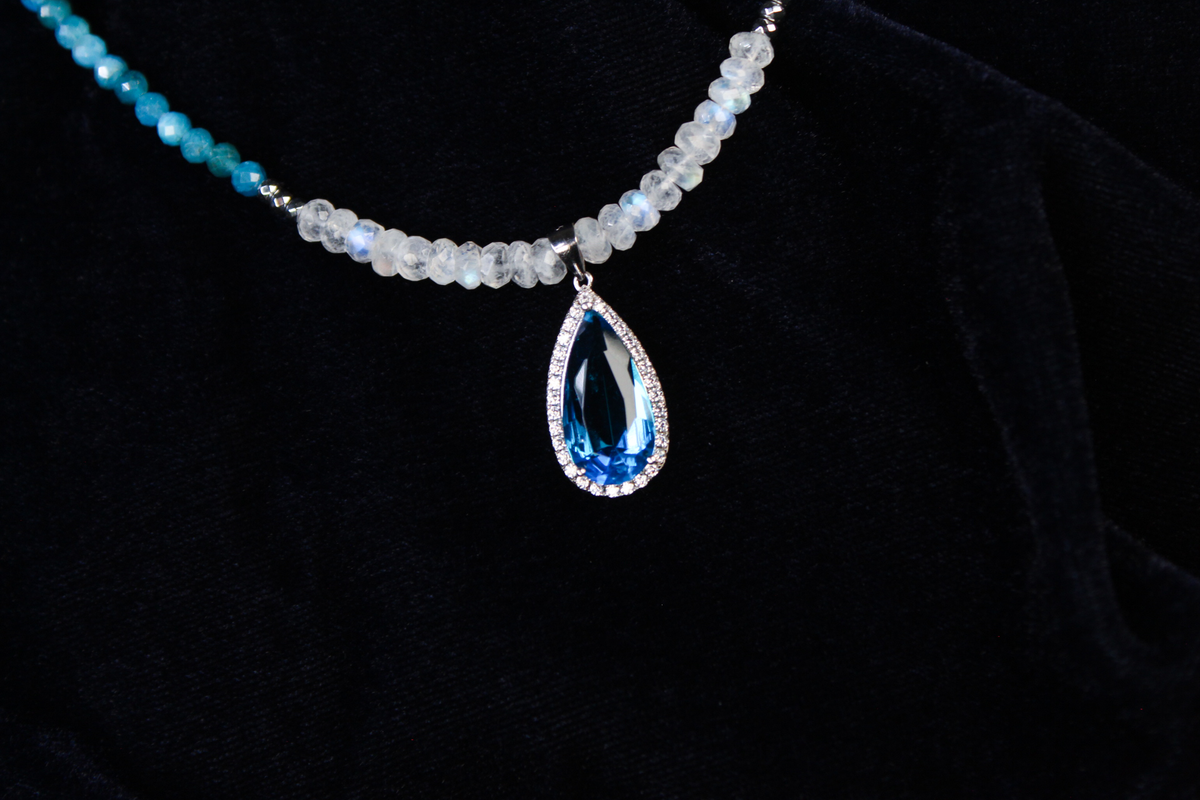 Sterling silver necklace with blue apatite, rainbow moonstone beads, and a teardrop blue gemstone pendant.