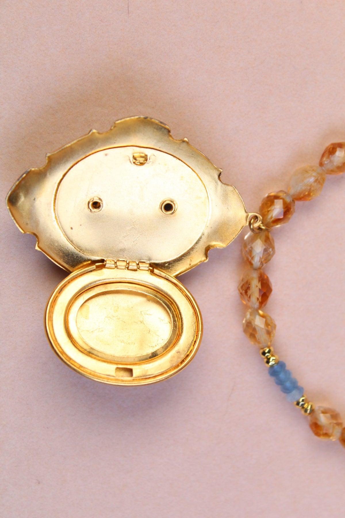 1930s Guilloché Floral Locket Necklace | Handcrafted Citrine & Santa Maria Aquamarine Crystal Beads | 18”