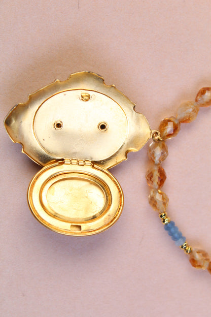 1930s Guilloché Floral Locket Necklace | Handcrafted Citrine & Santa Maria Aquamarine Crystal Beads | 18”