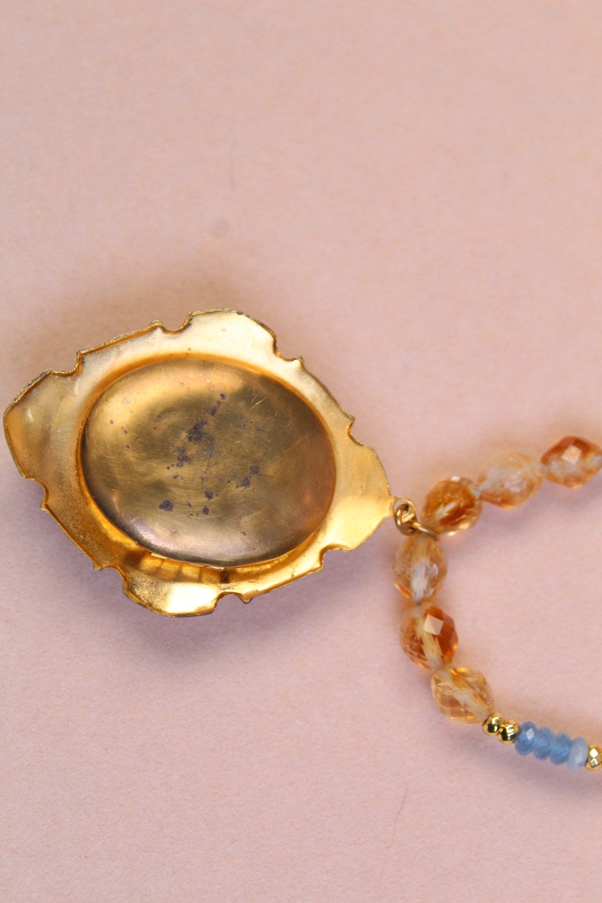 1930s Guilloché Floral Locket Necklace | Handcrafted Citrine & Santa Maria Aquamarine Crystal Beads | 18”