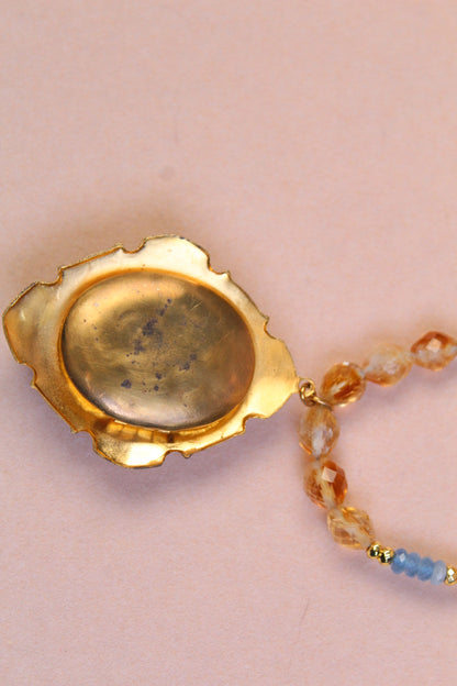 1930s Guilloché Floral Locket Necklace | Handcrafted Citrine & Santa Maria Aquamarine Crystal Beads | 18”