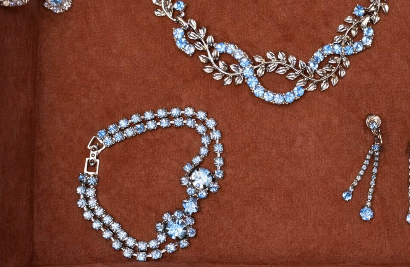 Jaestial Blue Radiance Tennis Bracelet with blue rhinestones and silver-tone metal.