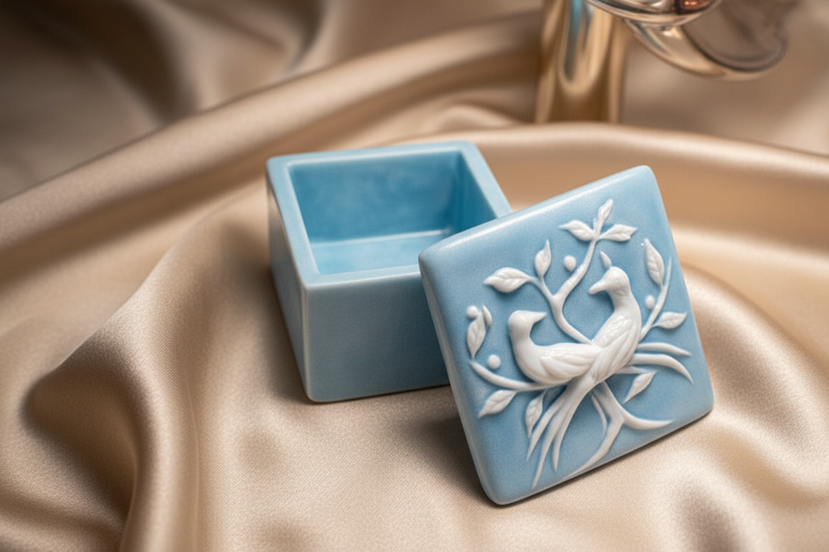 Blue Incolay stone trinket box with lid open, featuring carved lovebirds and foliage.