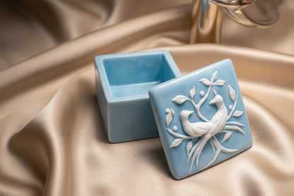 Blue Incolay stone trinket box with lid open, featuring carved lovebirds and foliage.