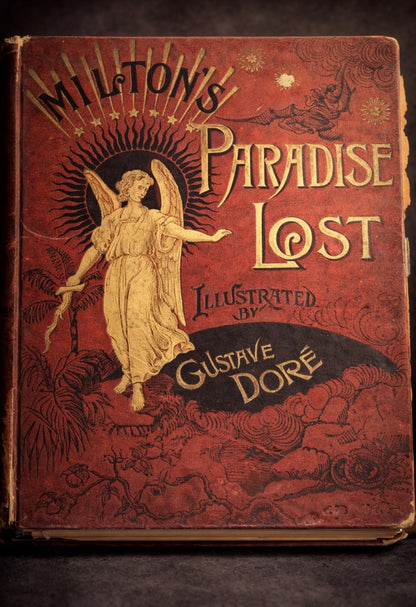1889 edition of Milton's Paradise Lost illustrated by Gustave Doré, featuring an angel and ornate red cover.