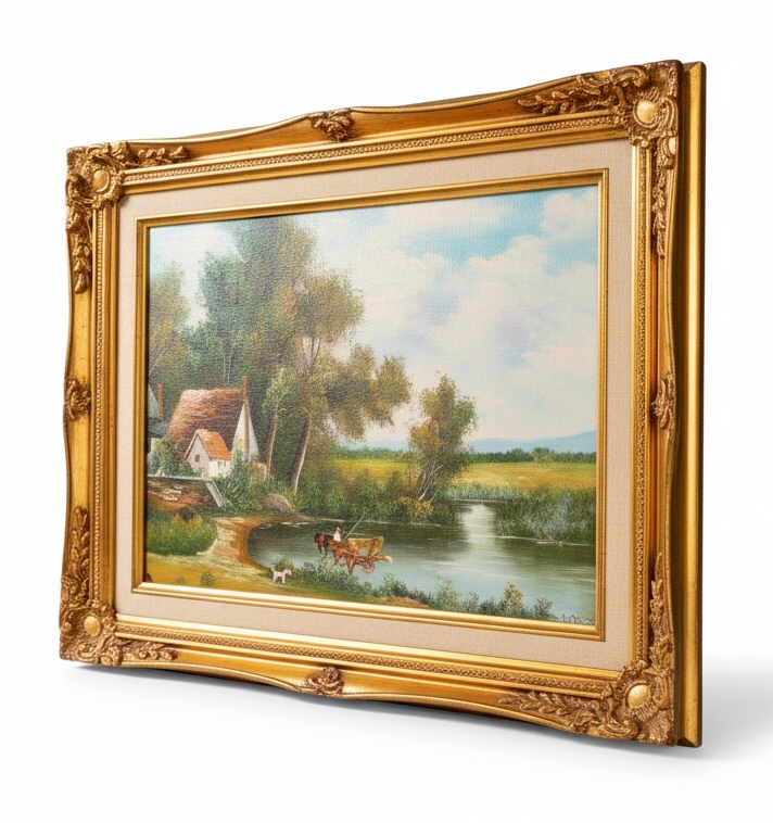 Jaestial vintage oil painting of a countryside river scene with a cottage and ornate gold frame.