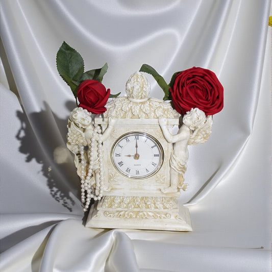 Jaestial Grand Cherub Mantel Clock with red roses and pearl beads.