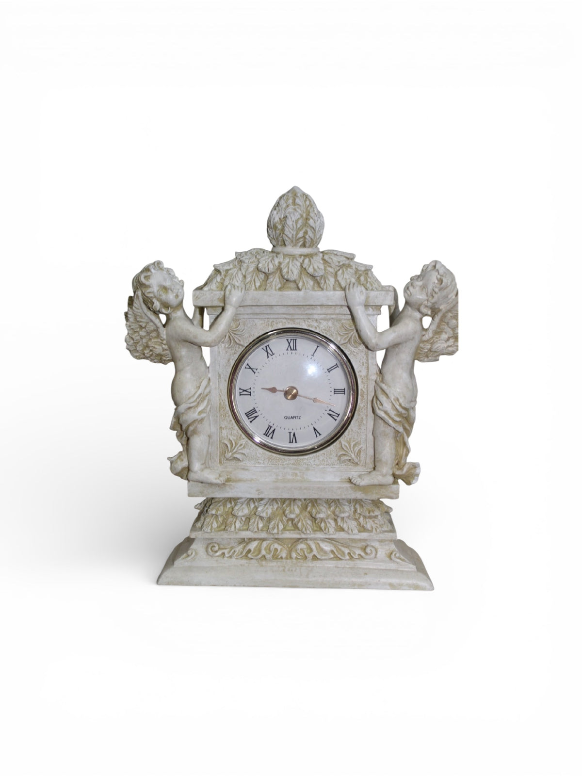 Jaestial Grand Cherub Mantel Clock with two cherubs flanking a clock face on an ornate base.