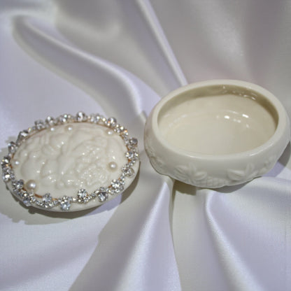 Lenox Iridescent Pearl Trinket Dish with rhinestone and pearl trim, next to a matching dish base.