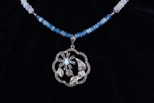 Sterling silver pendant necklace with aquamarine and moonstone beads.