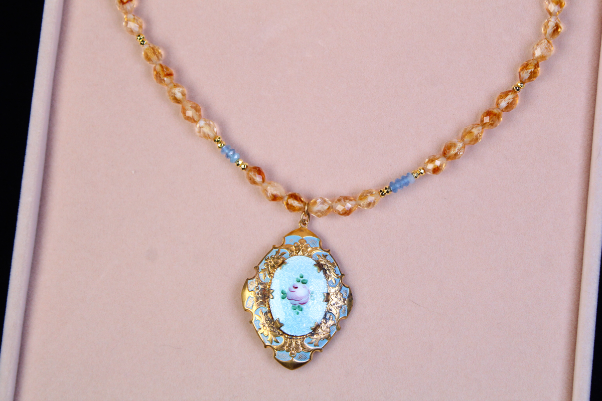 1930s Guilloché Floral Locket Necklace | Handcrafted Citrine & Santa Maria Aquamarine Crystal Beads | 18”