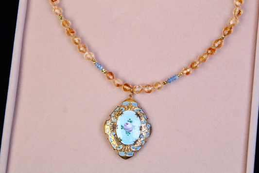 1930s Guilloché Floral Locket Necklace | Handcrafted Citrine & Santa Maria Aquamarine Crystal Beads | 18”