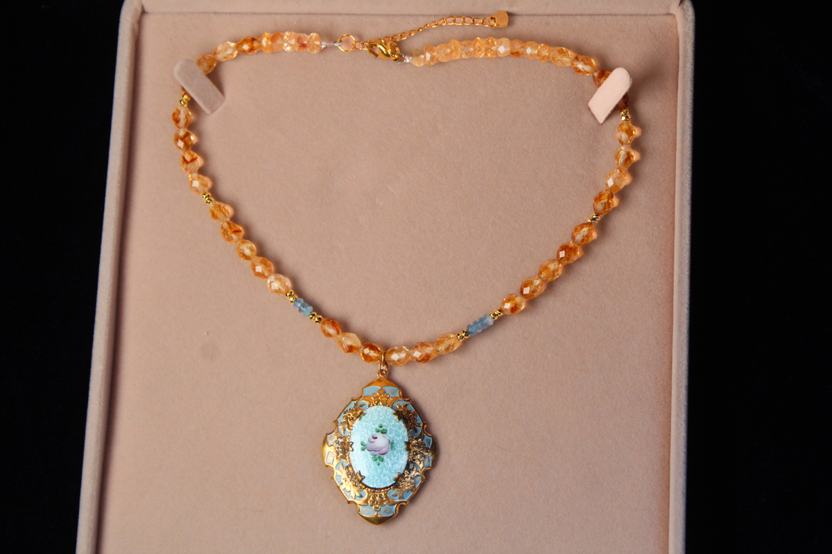 1930s Guilloché Floral Locket Necklace | Handcrafted Citrine & Santa Maria Aquamarine Crystal Beads | 18”