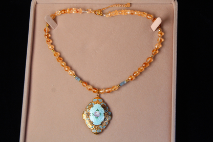1930s Guilloché Floral Locket Necklace | Handcrafted Citrine & Santa Maria Aquamarine Crystal Beads | 18”