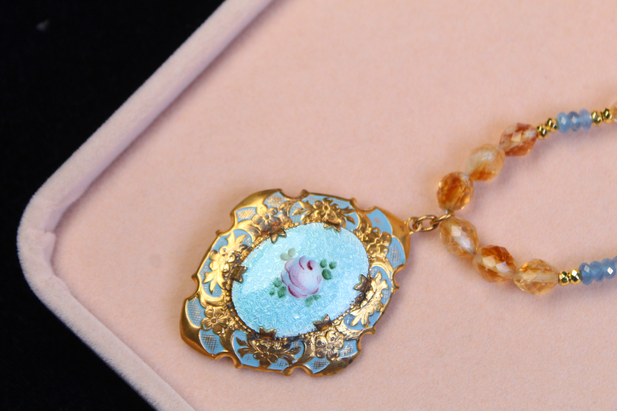 1930s Guilloché Floral Locket Necklace | Handcrafted Citrine & Santa Maria Aquamarine Crystal Beads | 18”