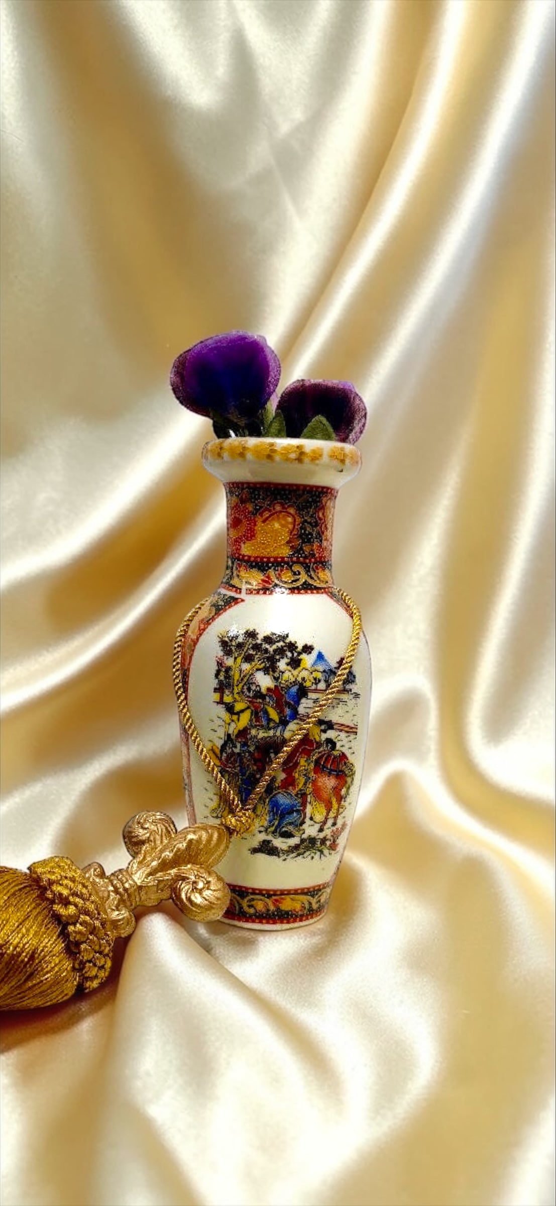 Jaestial Vintage Satsuma-Style Porcelain Vase with purple flowers and gold tassel.